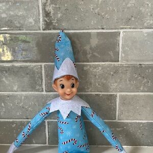 Blue Candy Cane Print Elf Doll, Posable Holiday Elves
